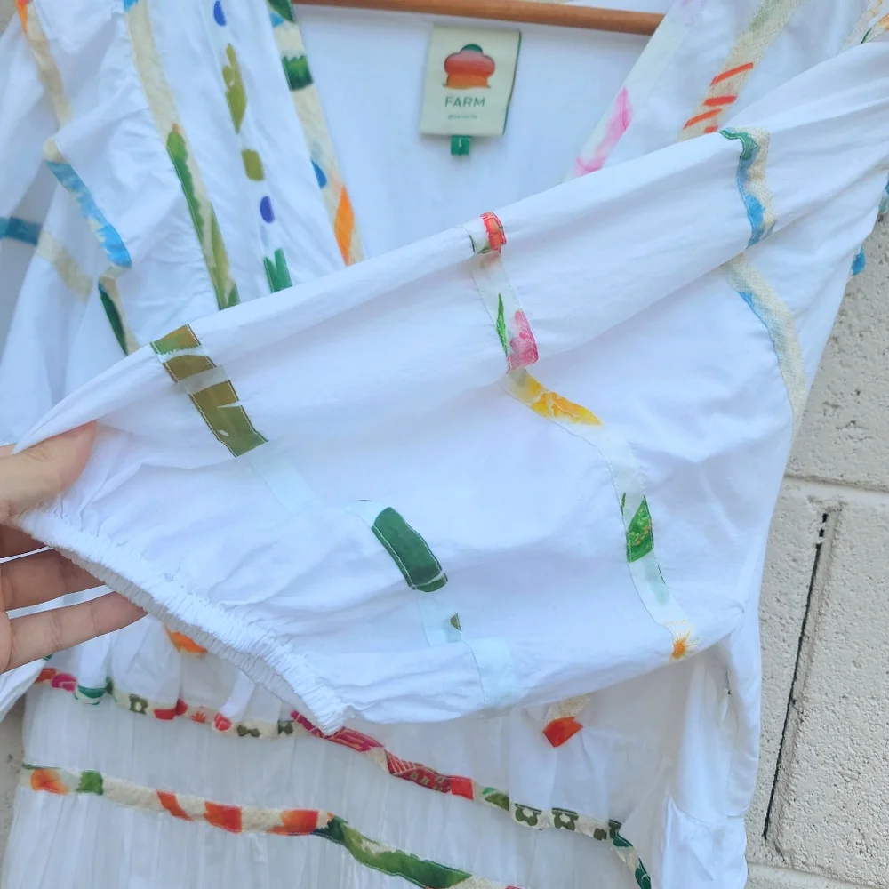 Farm Rio | Mixed Off-White Prints Midi Tiered Dress White Rainbow Size Large - Picture 8 of 14